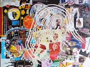 cover image of headonix album, displaying abstract art with red, white, yellow and blue colours